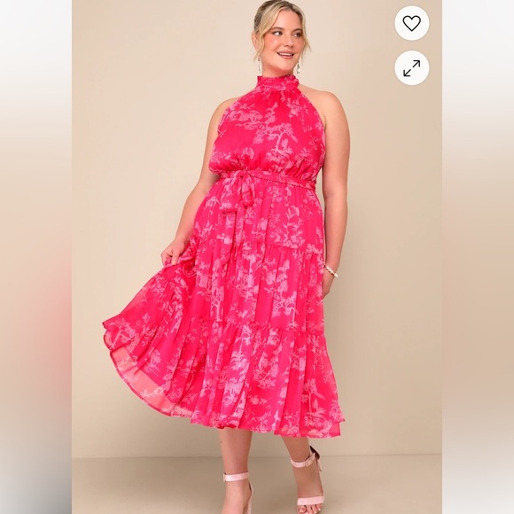 Lulu’s Float to You Hot Pink Floral Print Halter-Neck Tiered Midi Dress XL - Picture 1 of 6